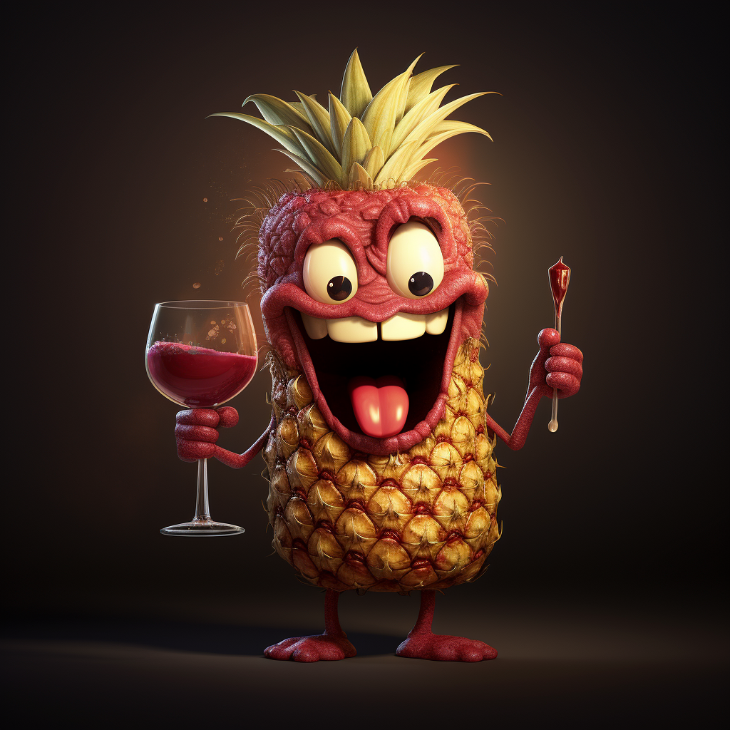 Smiling pineapple with red wine glass