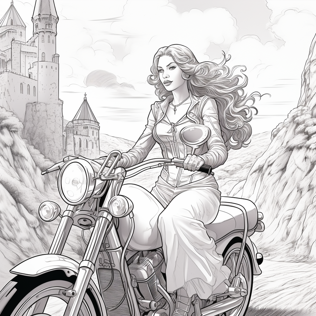 Happy Princess on Harley Davidson with Mountains and Castle