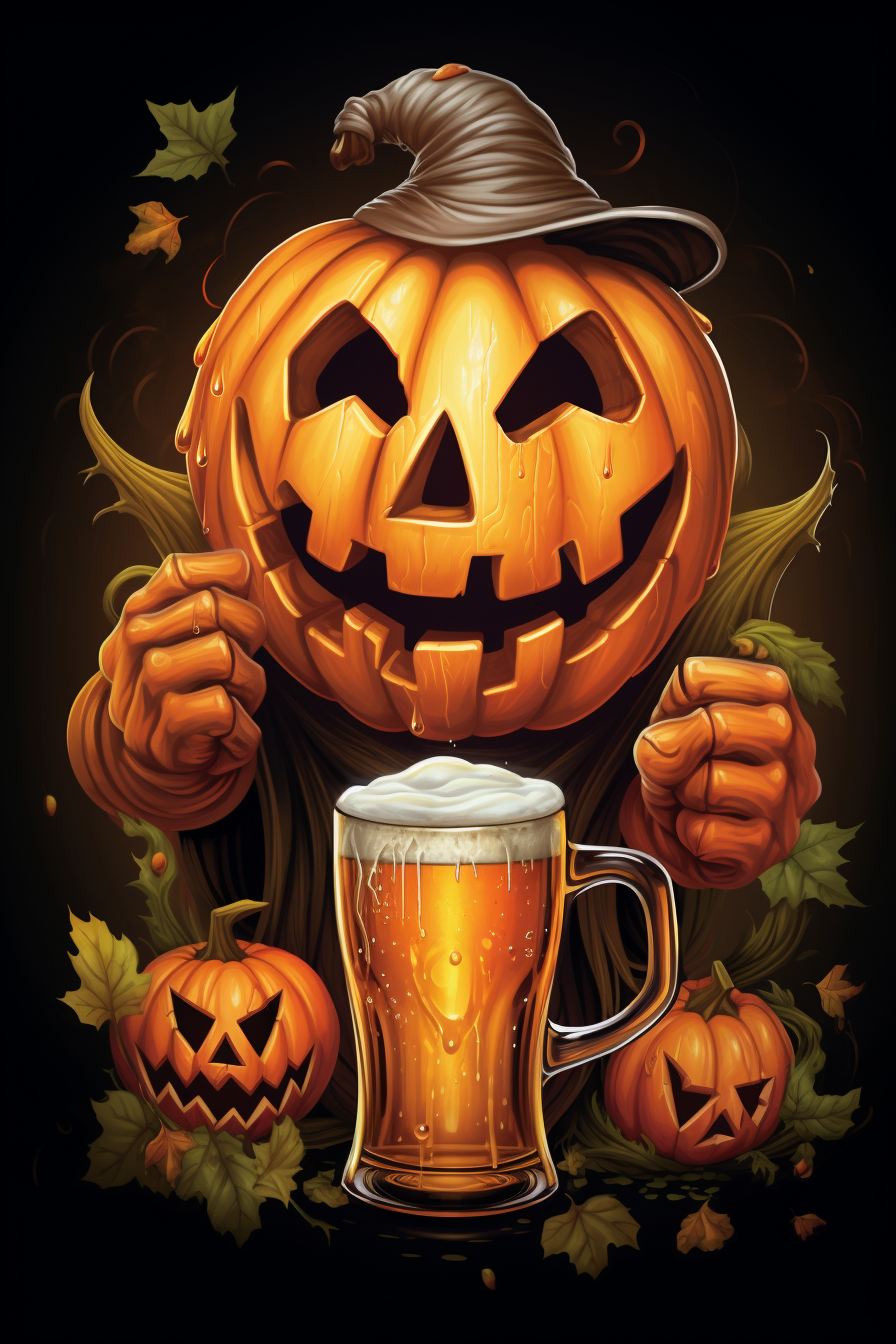 Cute Halloween illustration of a happy pumpkin having a beer