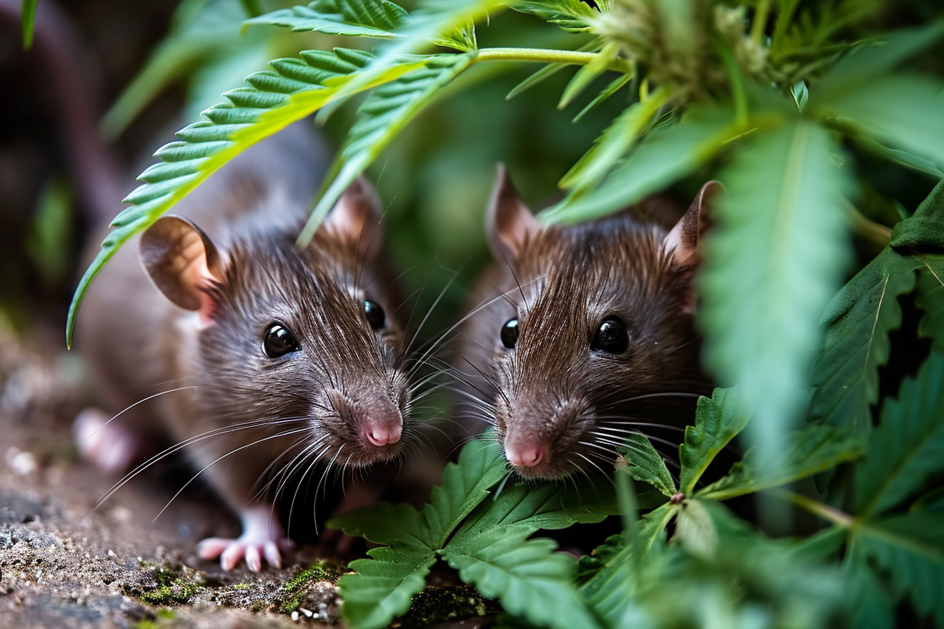 Two happy rats eating cannabis leaves