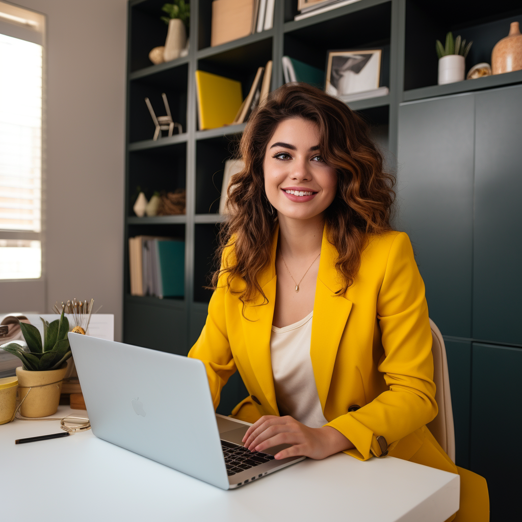 Smiling realtor in yellow attire at work