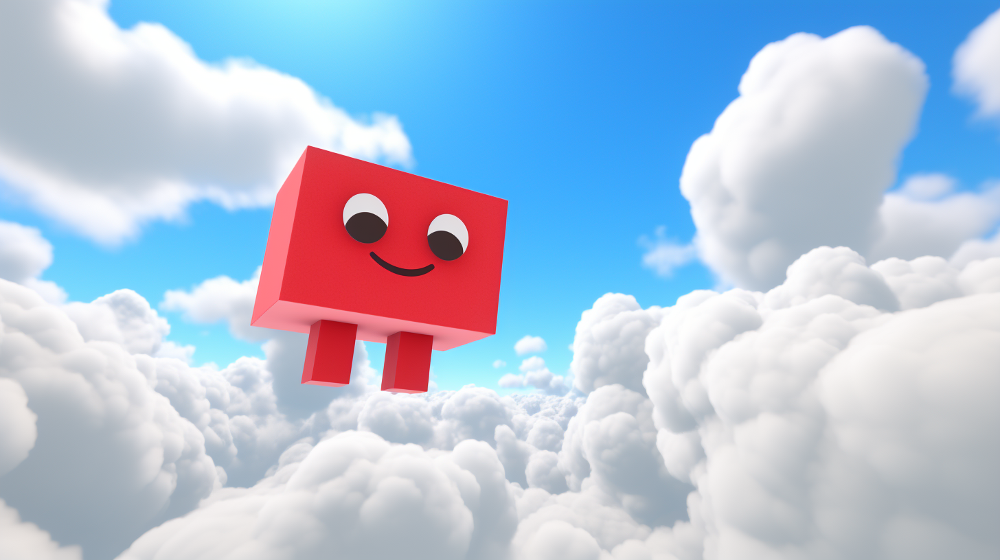 Happy red Roblox character in cloudy sky