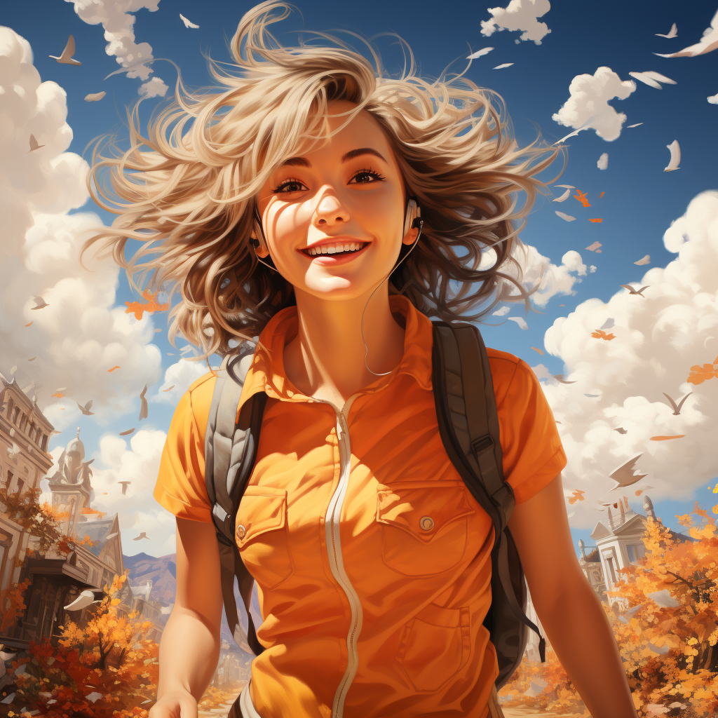 Blonde woman running on road in fall