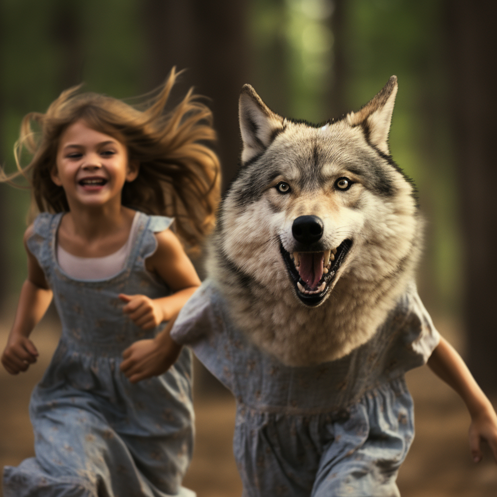 Girl running happily with wolf in forest