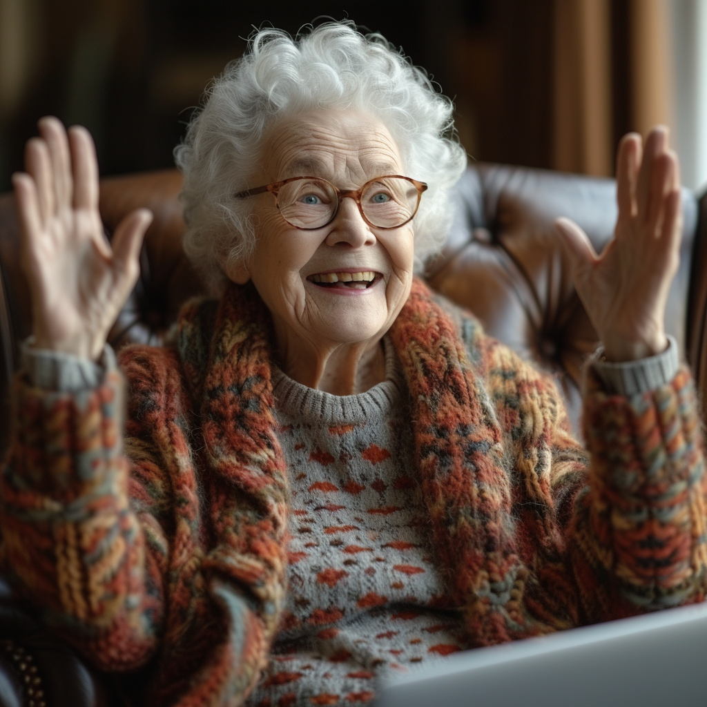 Happy senior woman stretching at home