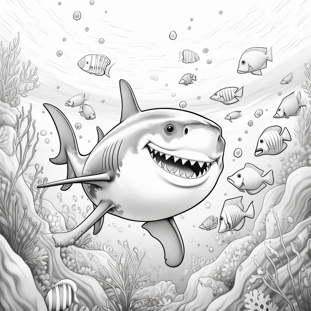 Black and white coloring book image of a happy shark wearing swim trunks