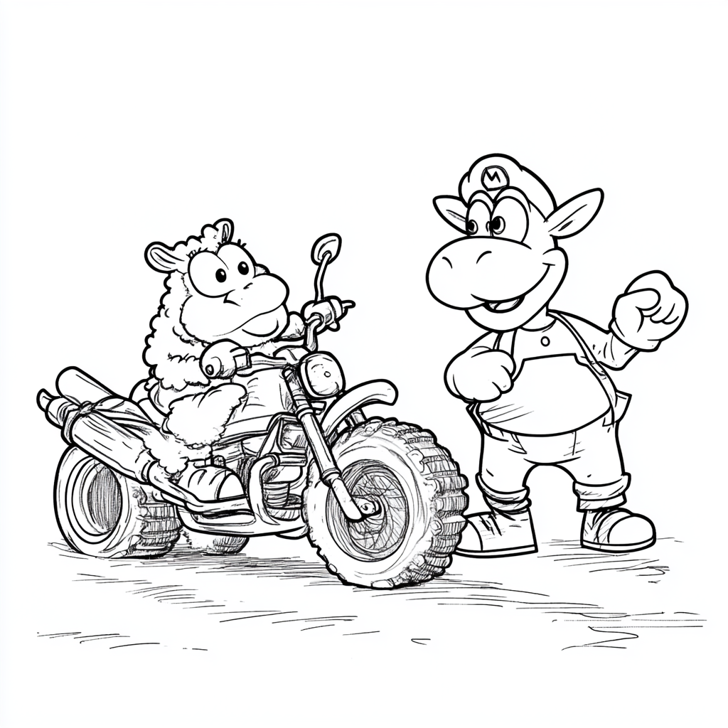 happy sheep driving mario motorcycle with yoshi beside it