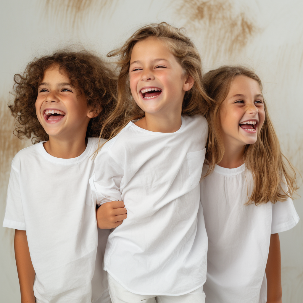 Smiling kids in white shirts