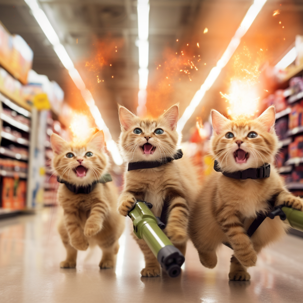 Happy kittens with flamethrowers causing Halloween mayhem