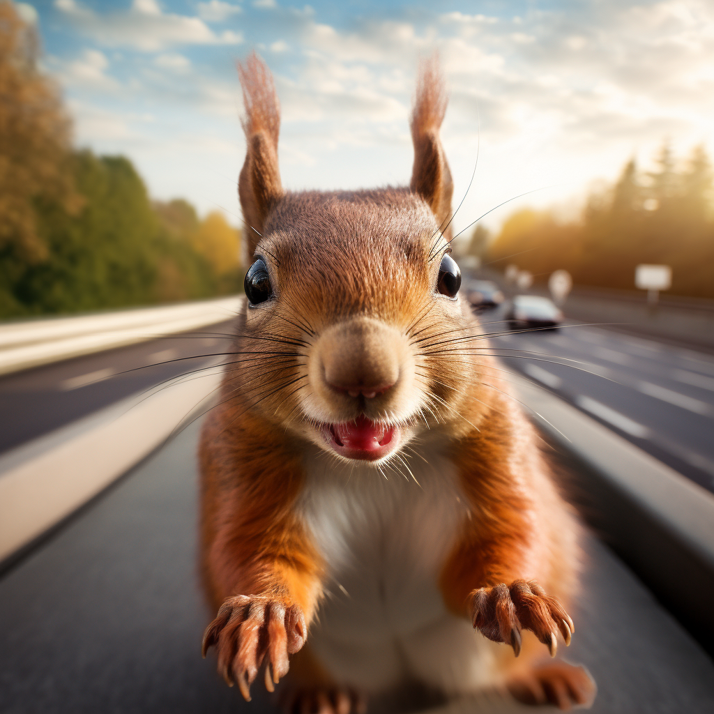 A happy squirrel with a motorway in the background