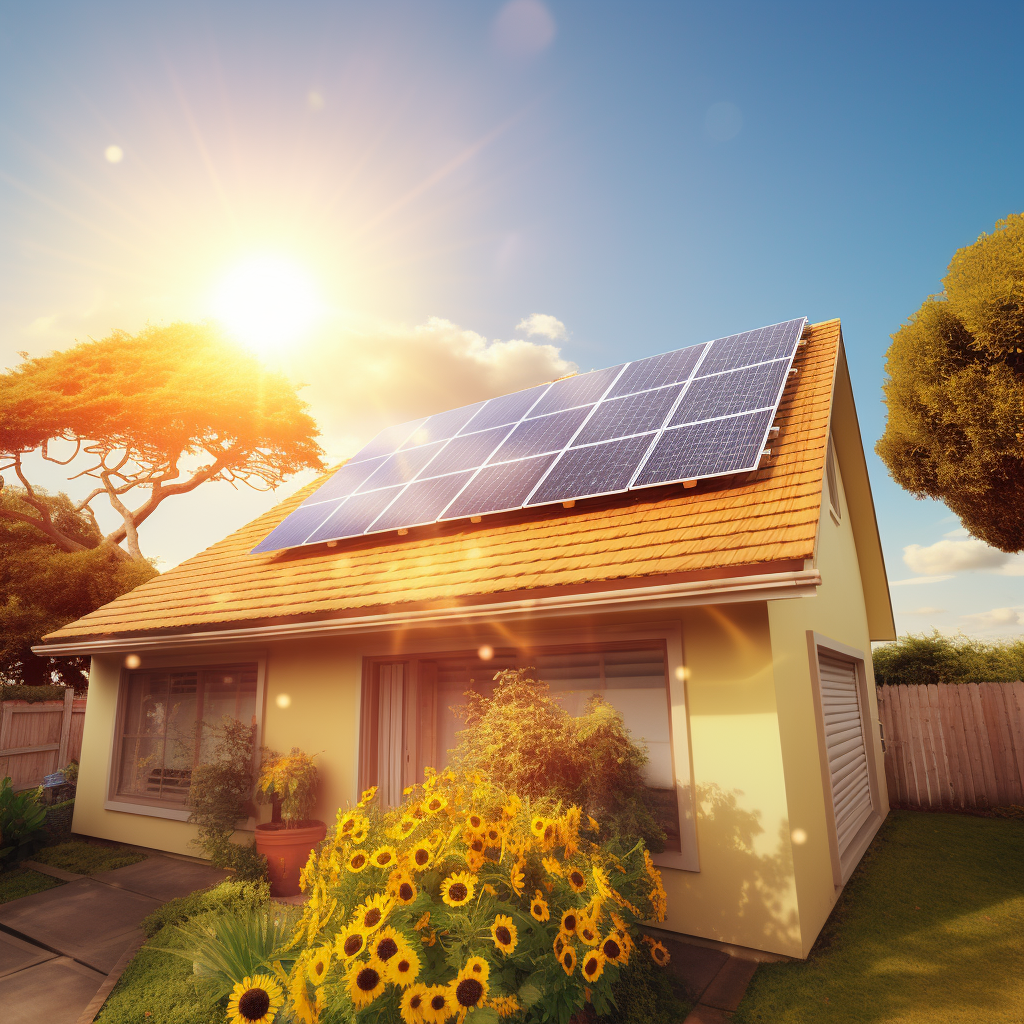 Sun shining on home with solar panels