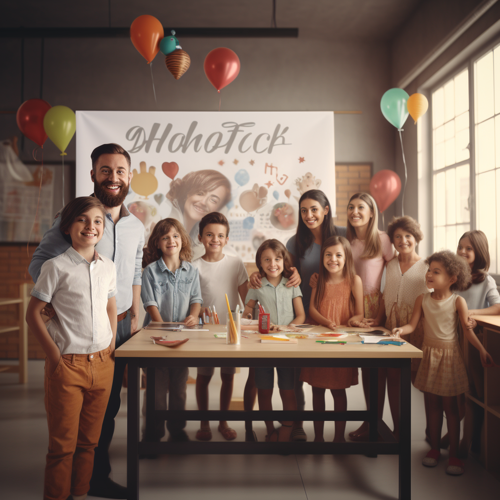 Happy teachers and childrens with white banner in classroom