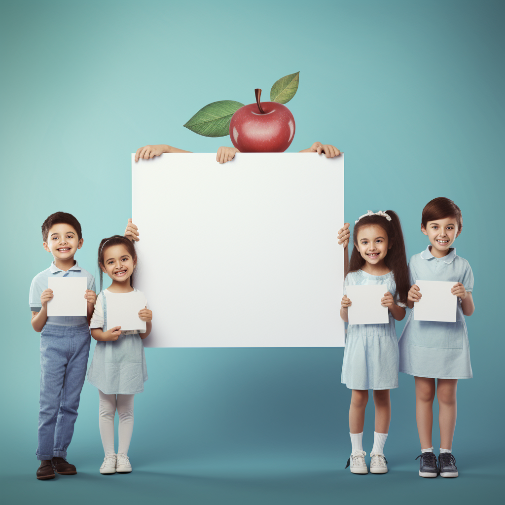 Happy teachers and childrens holding banner