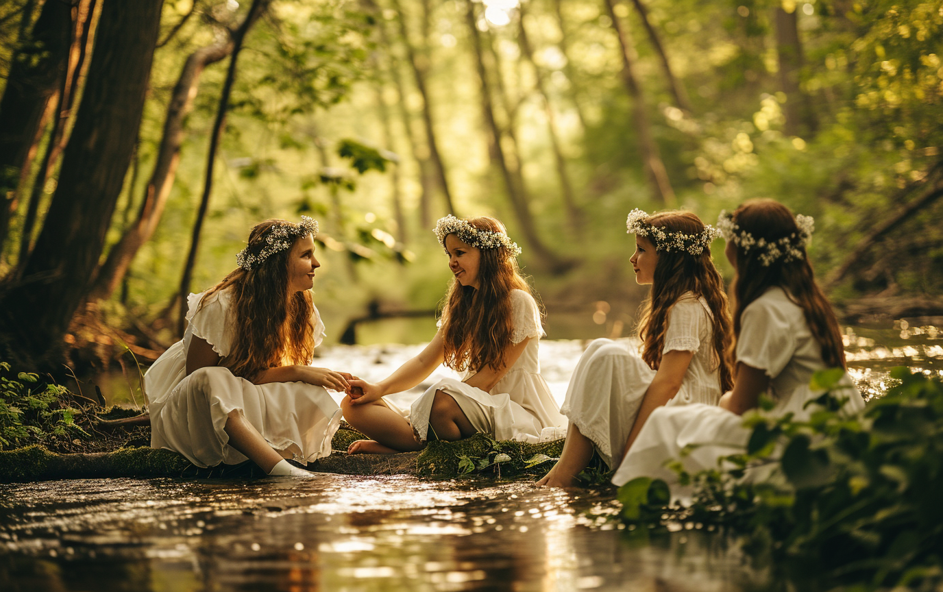 Group of happy teen girls in white dresses and flower crowns