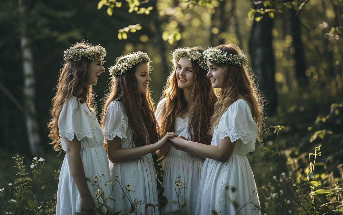 Group of Happy Teen Girls in Forest with Flower Crowns