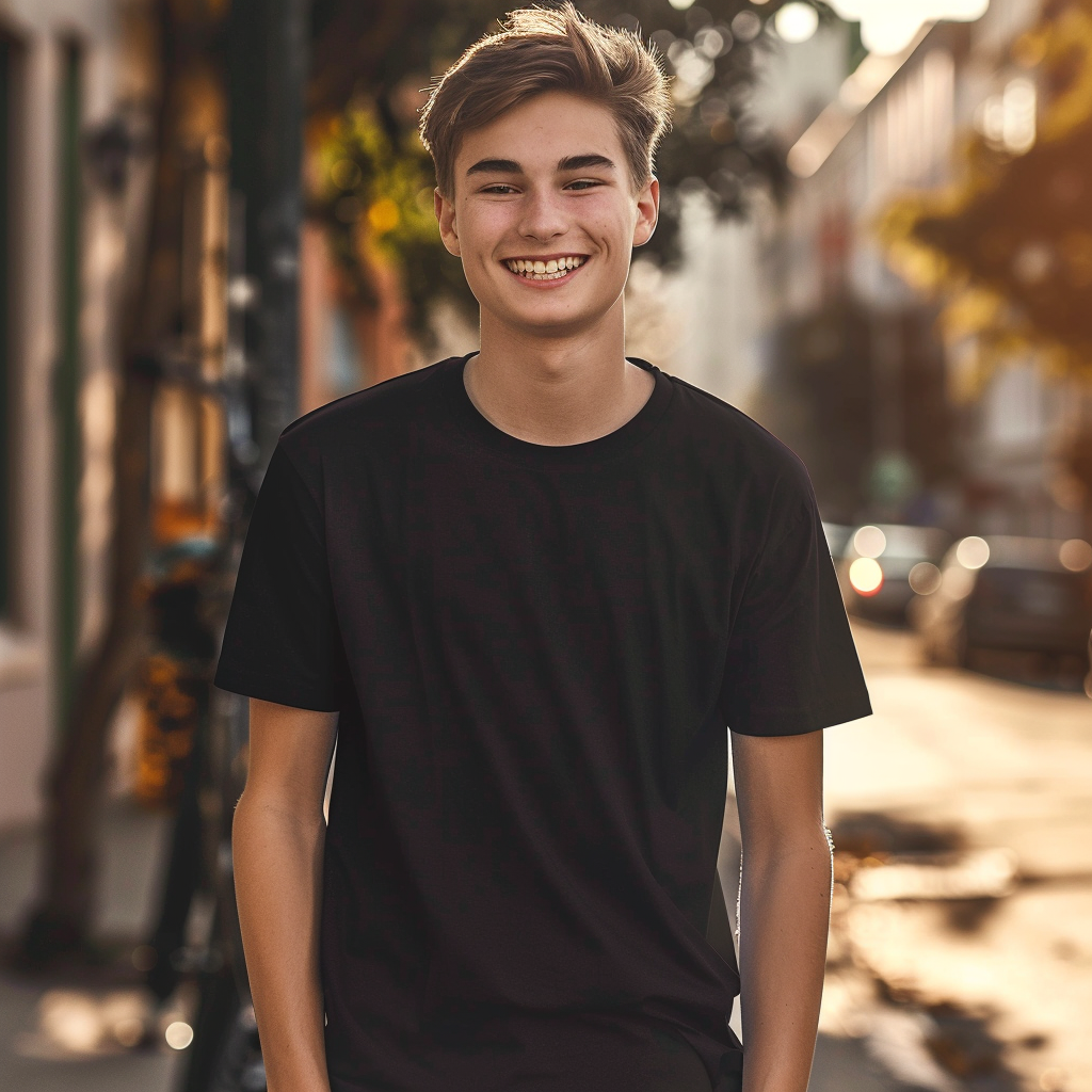 Smiling Teenager Black T-Shirt Mockup