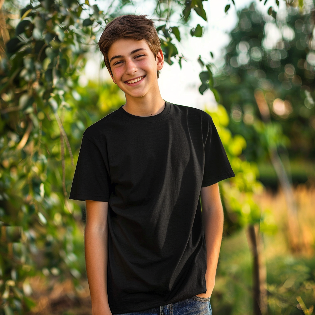 Smiling happy teenager in black t-shirt mockup