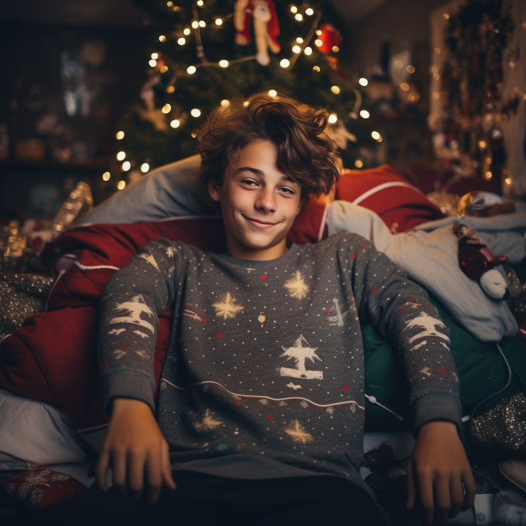 Teenager holding object with Christmas sweater