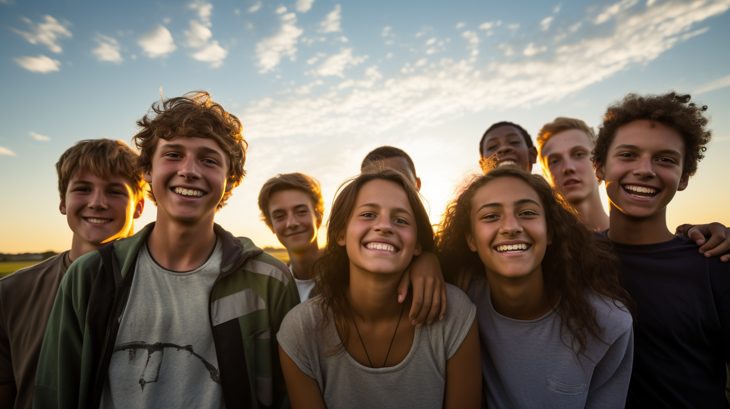 Group of happy teenagers watching movie outdoors