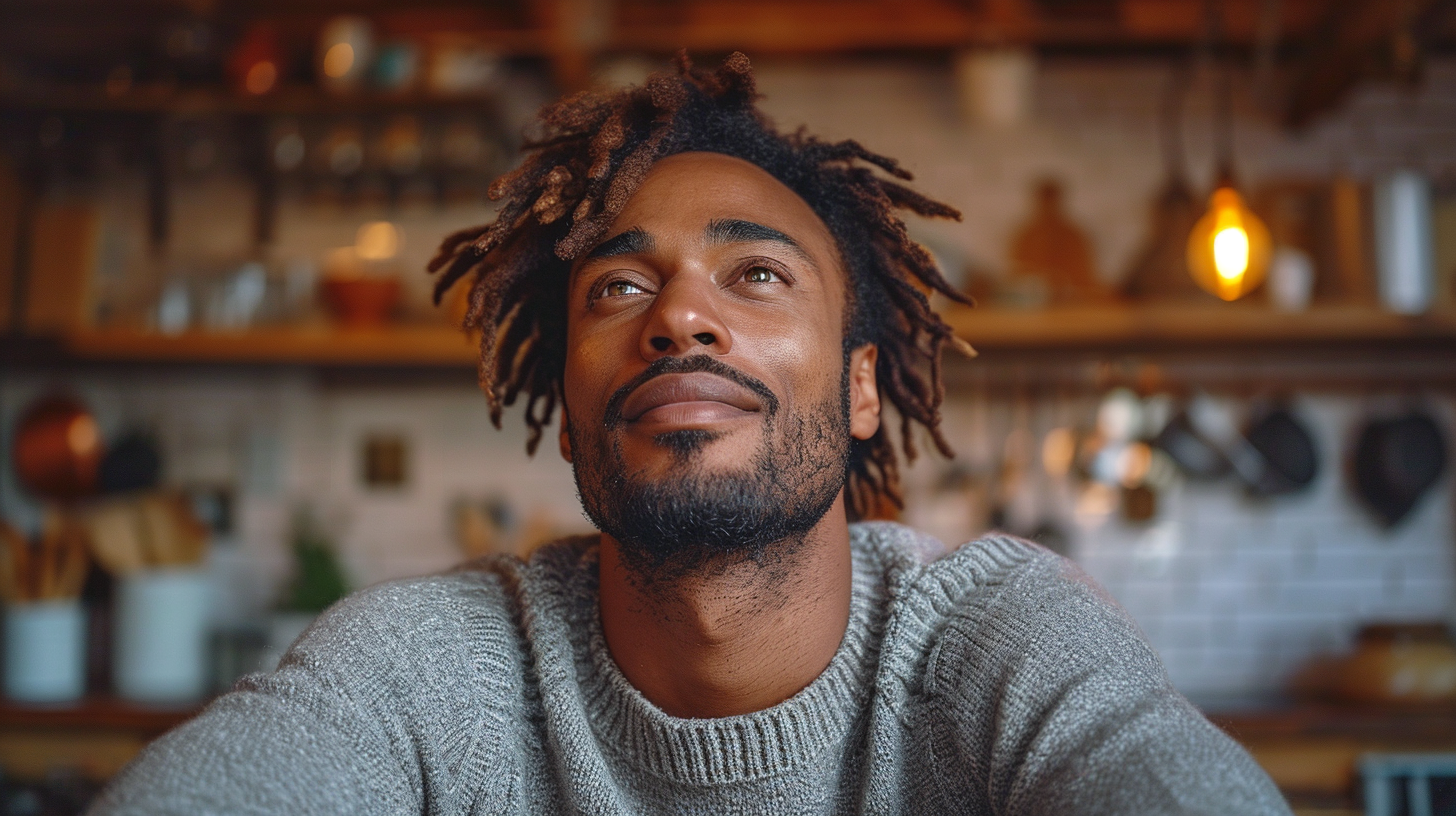 Mixed race man in British kitchen