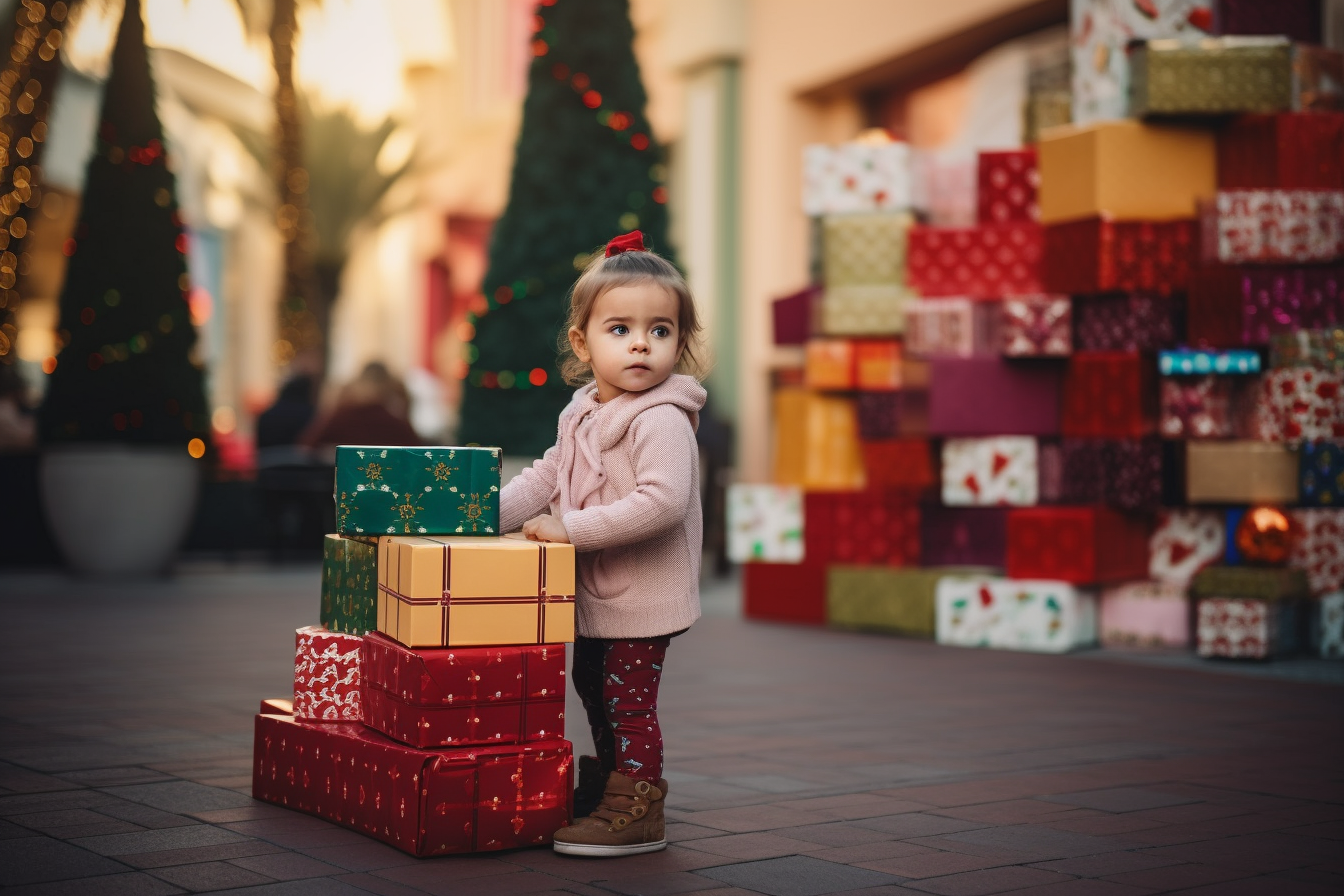 Happy toddler girl with gift boxes