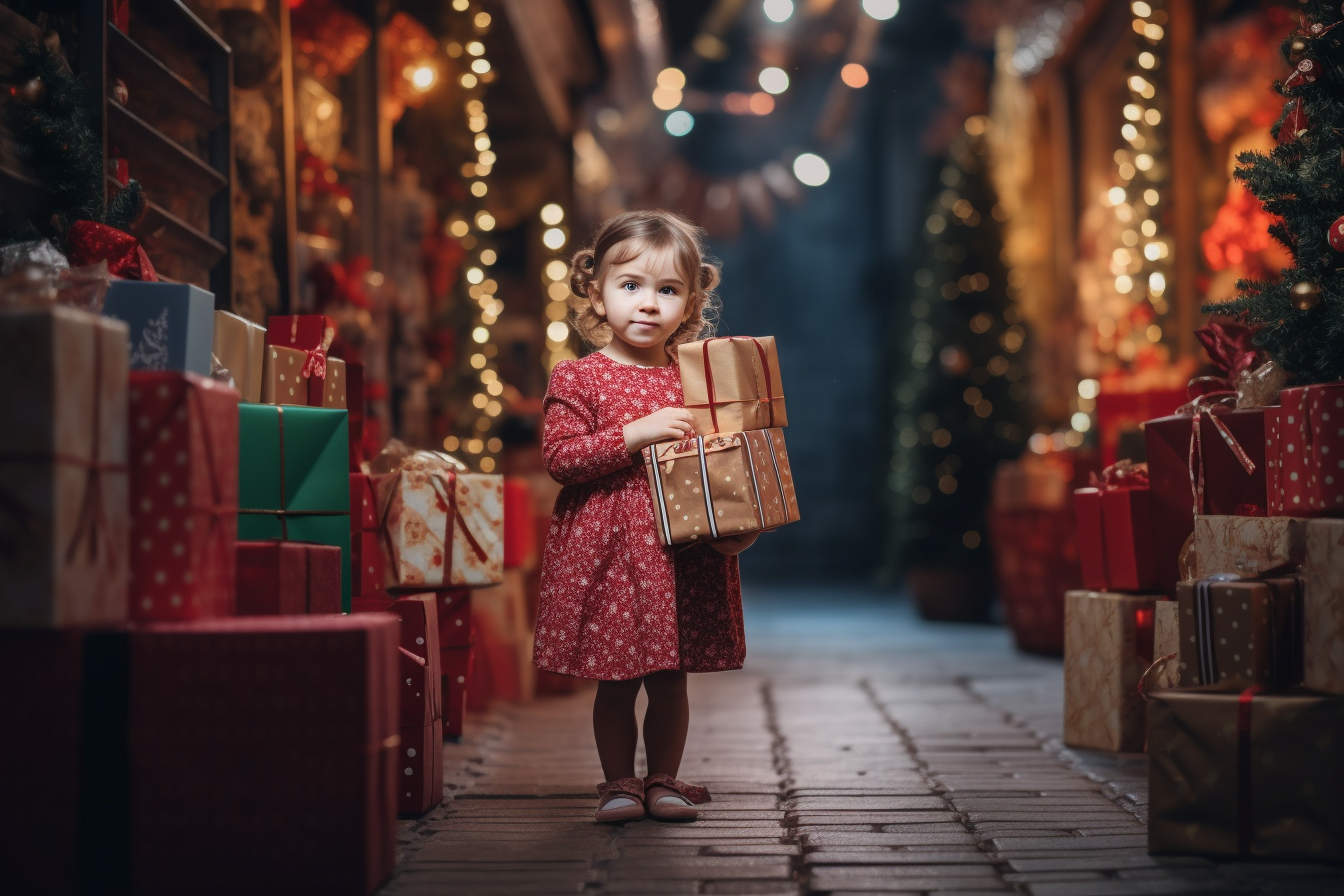 Smiling toddler girl holding Christmas gift boxes