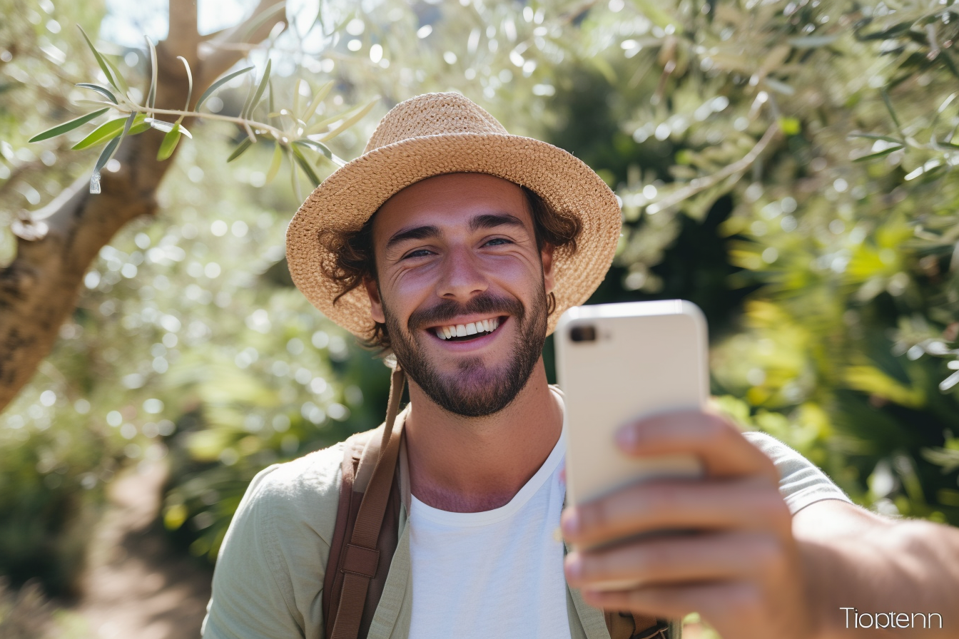 Happy tourist taking self portrait on summer vacation