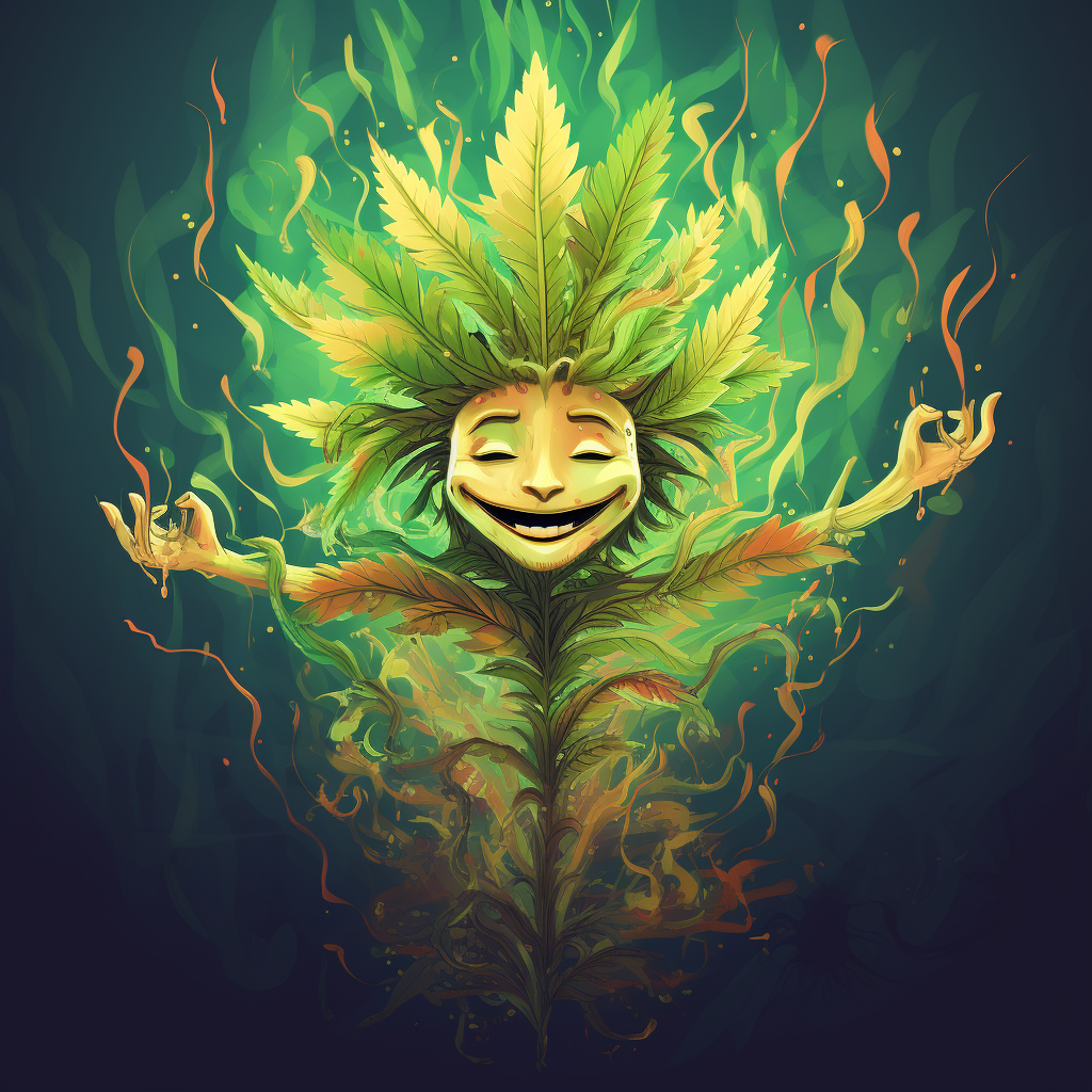 Happy trippy character with hemp leaves