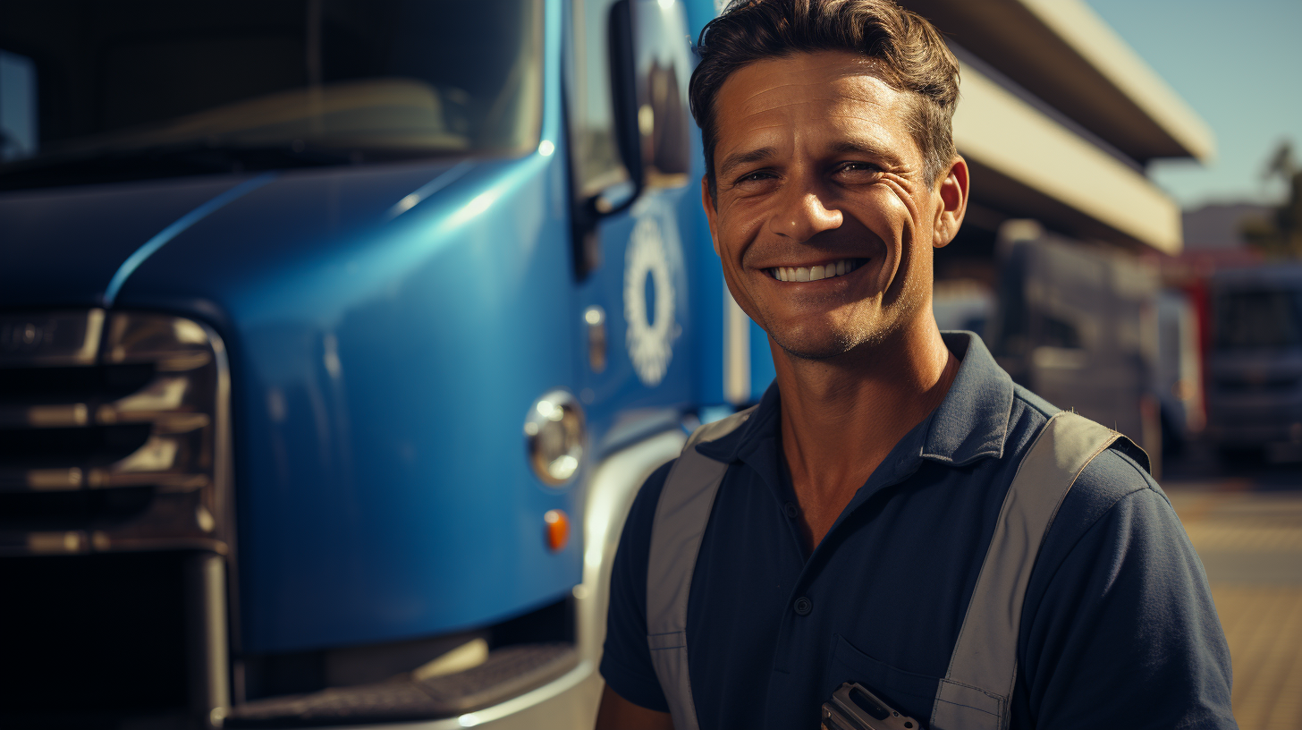 Happy truck driver at blue trailer gas station