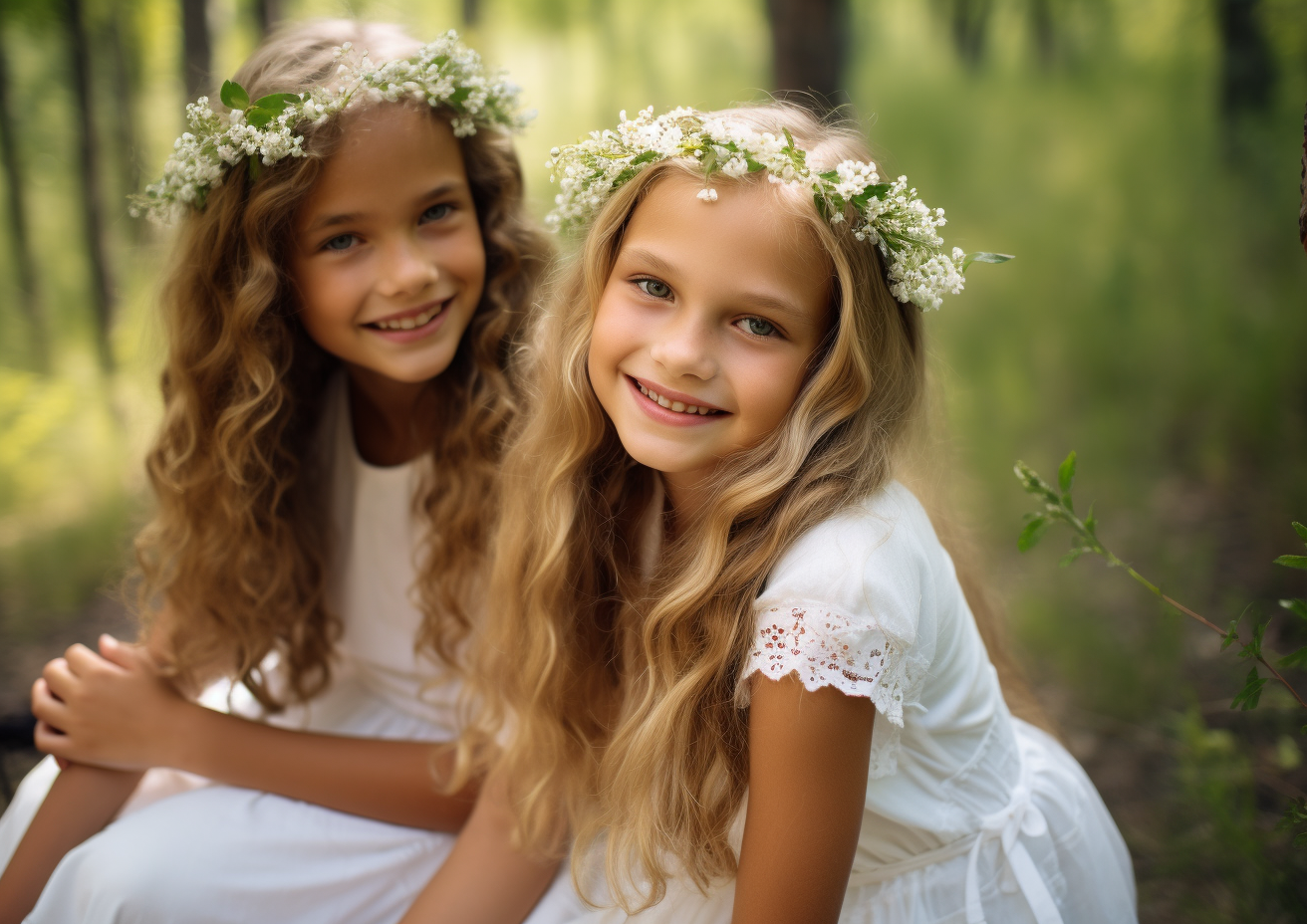 Smiling girls wearing white dresses and flower crowns