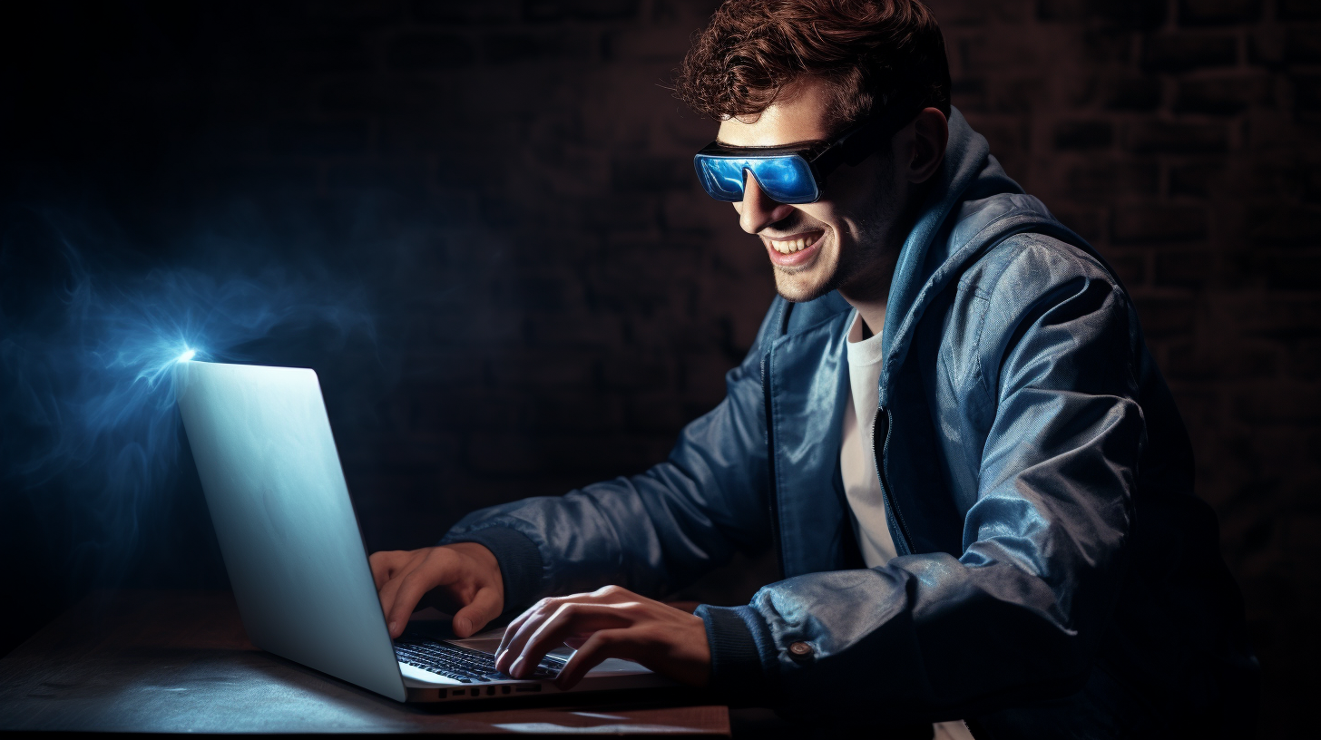 Smiling visually impaired person using a laptop