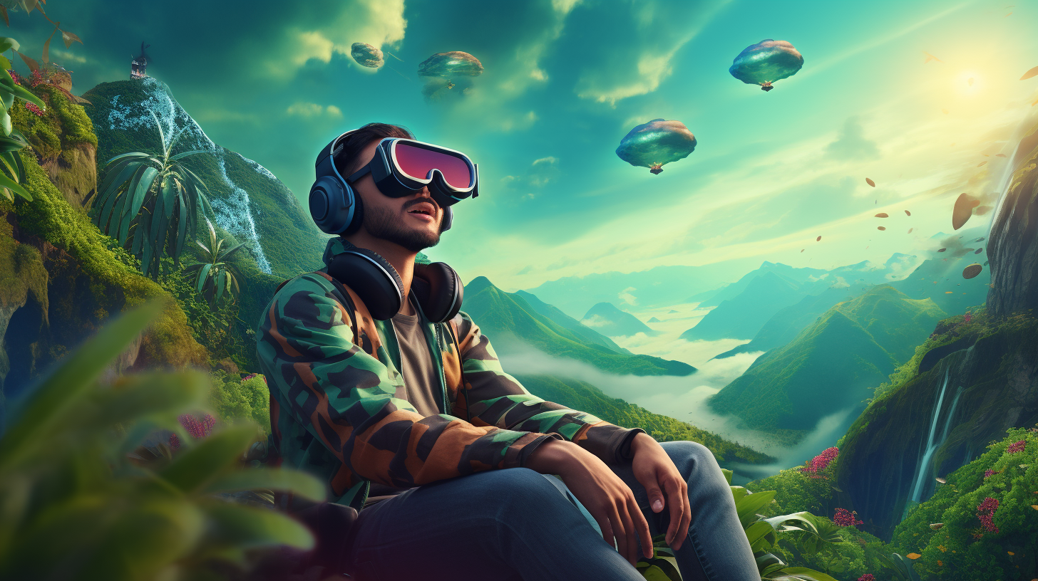 Man in VR headset in green mountains