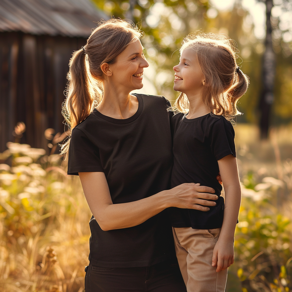 Happy woman black t-shirt daughter mockup