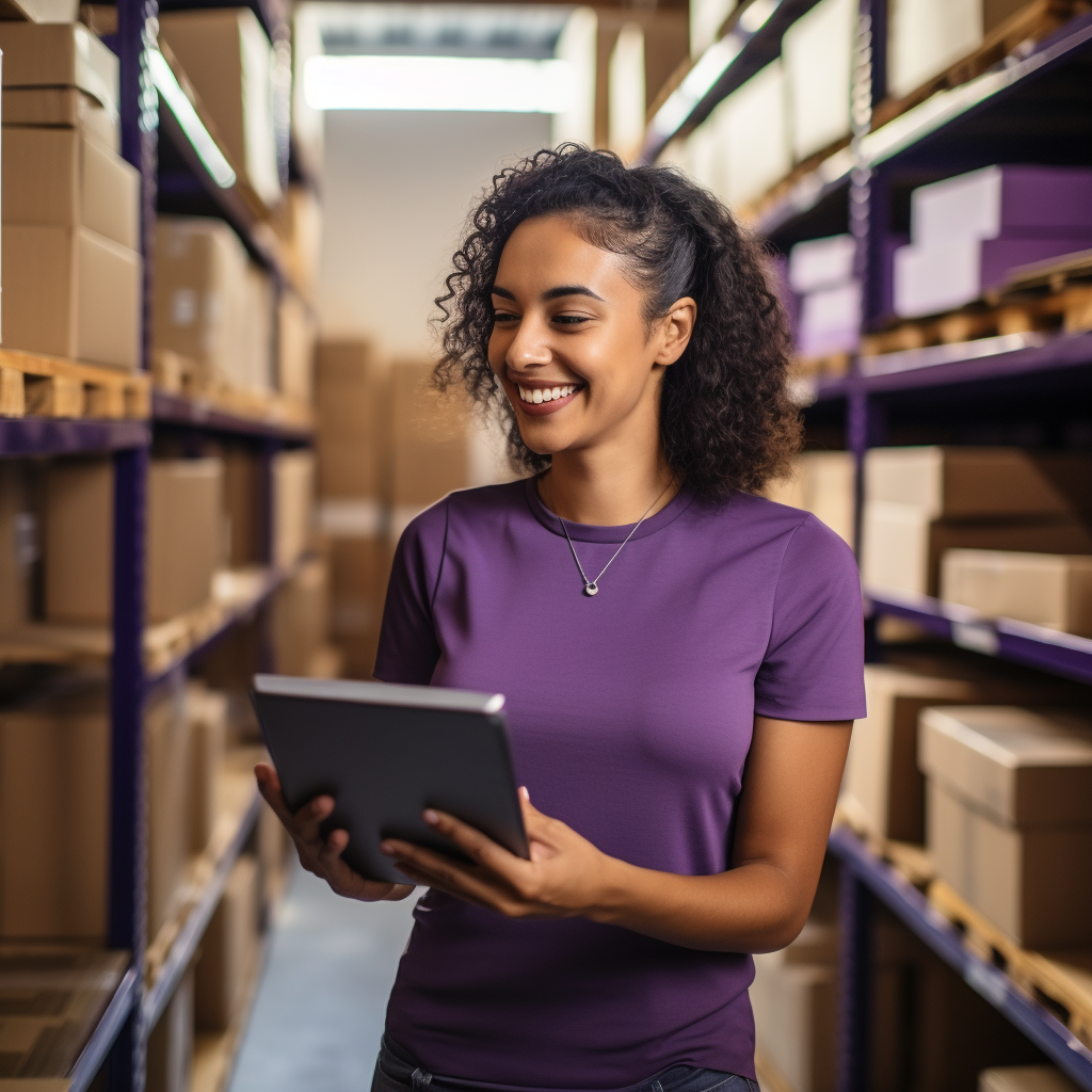 Happy woman checking ecommerce stock