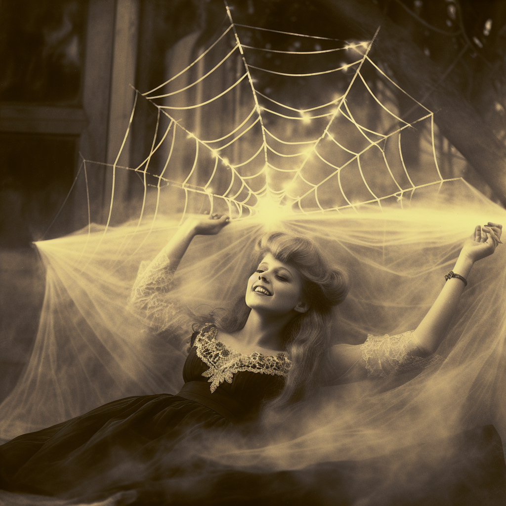 Happy woman lighting a cigarette in spider web