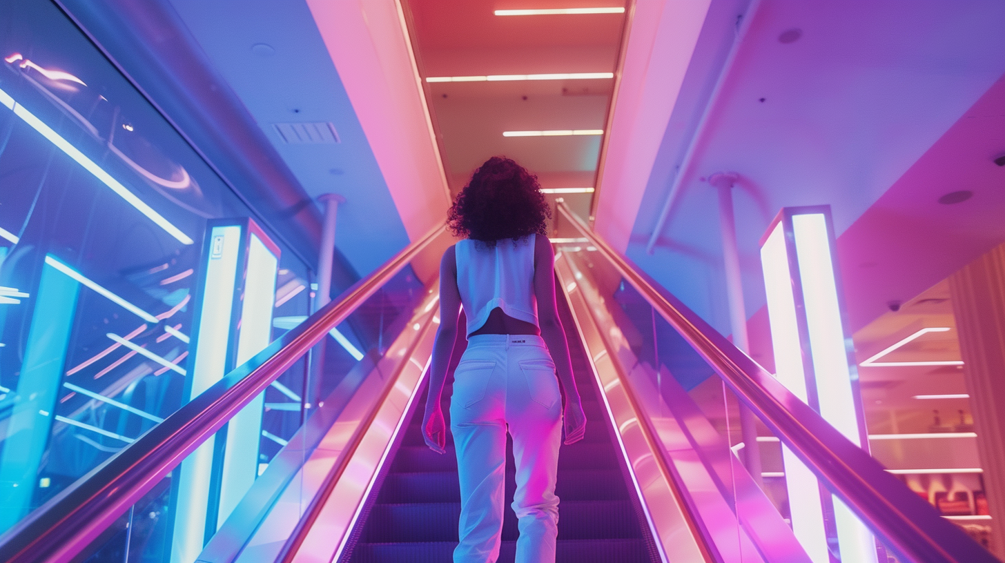 Woman climbing escalator mall colors