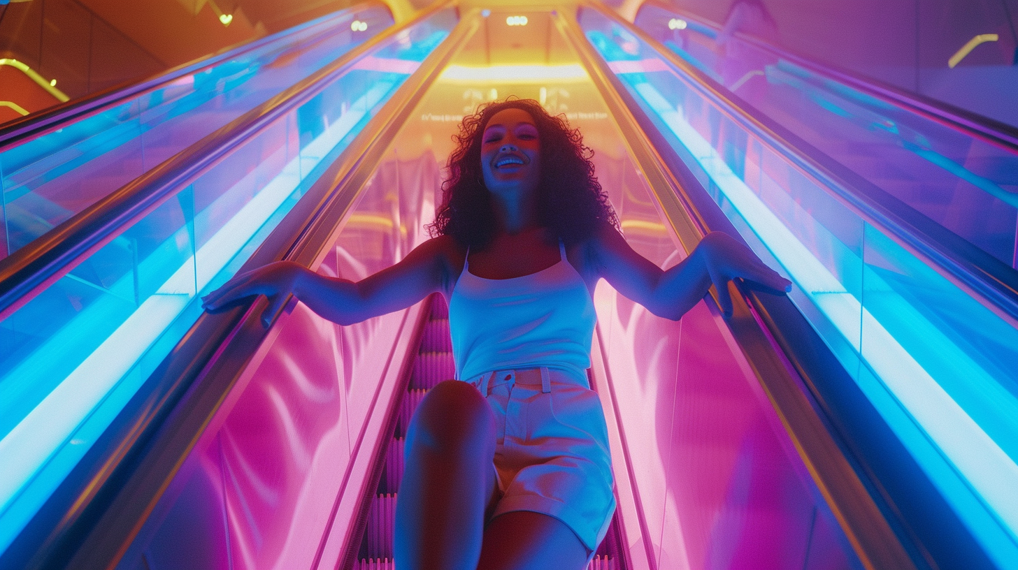 Happy woman on escalator in vibrant colors