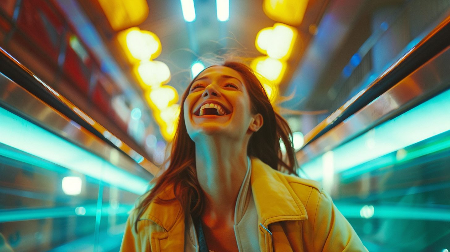 Woman Climbing Bright Escalator