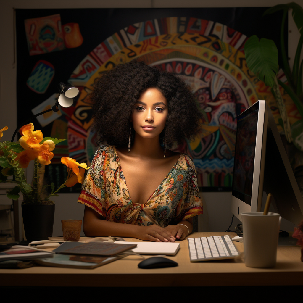 Afro-Ecuadorian woman happily using computer