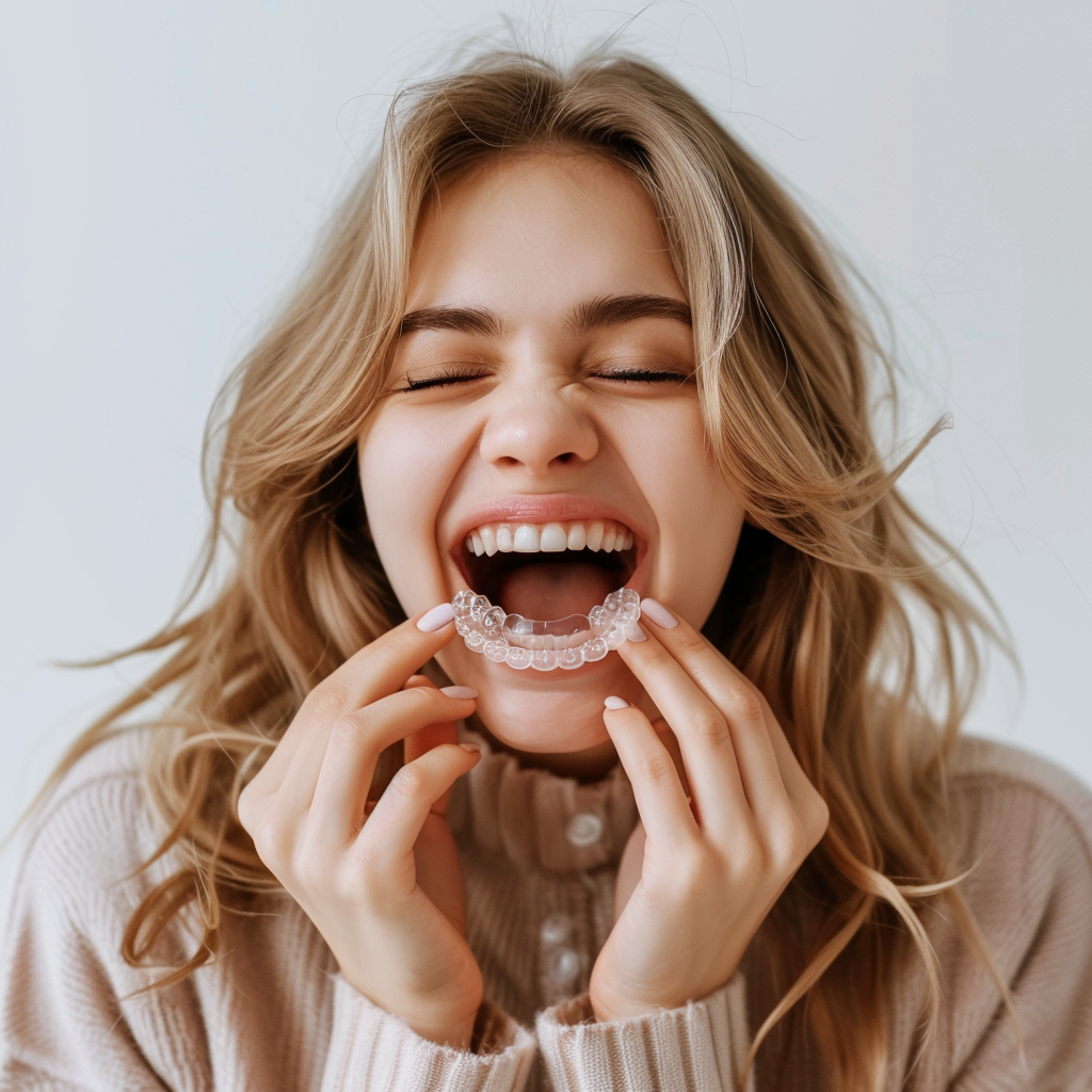 Happy Woman with Dental Aligners