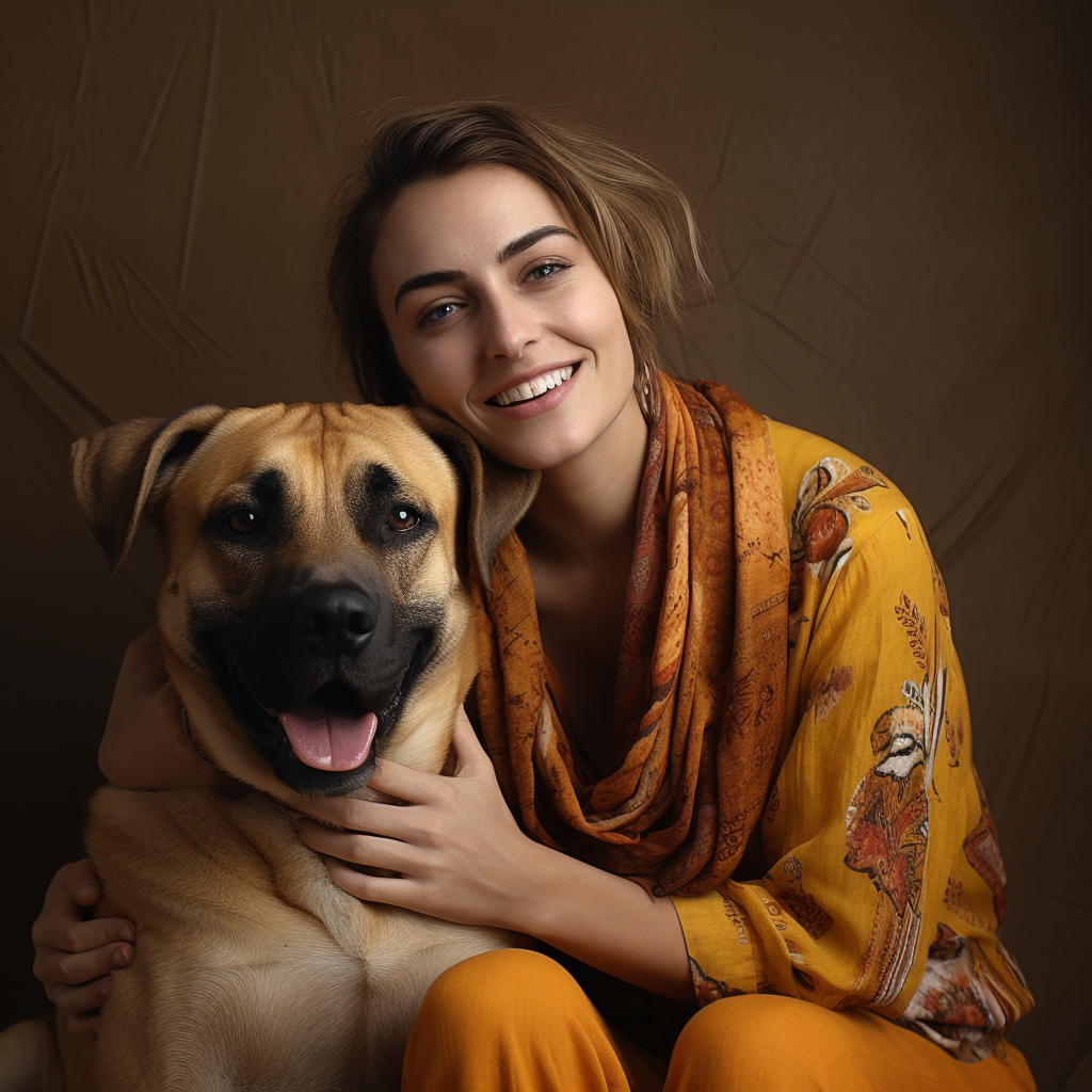 Happy woman petting brown Anatolian Shepherd dog