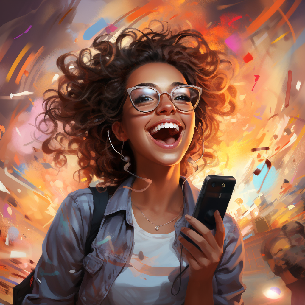 Young woman happily showing she won with a phone