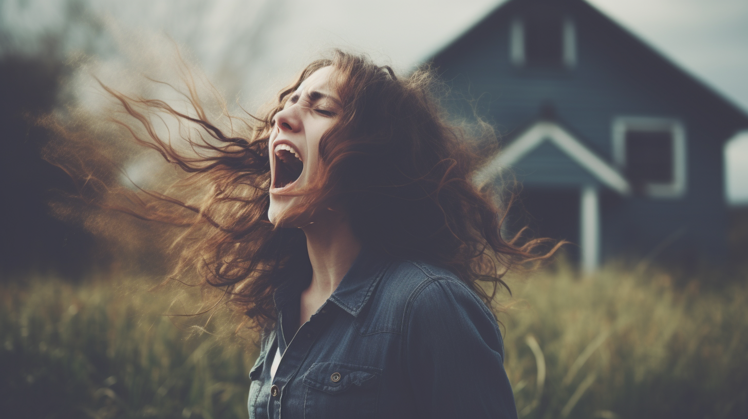 Woman shouting happily towards house