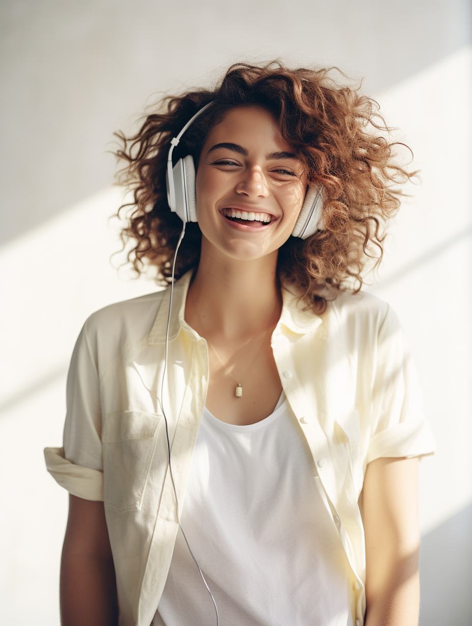 Happy woman with curly hair and headphones