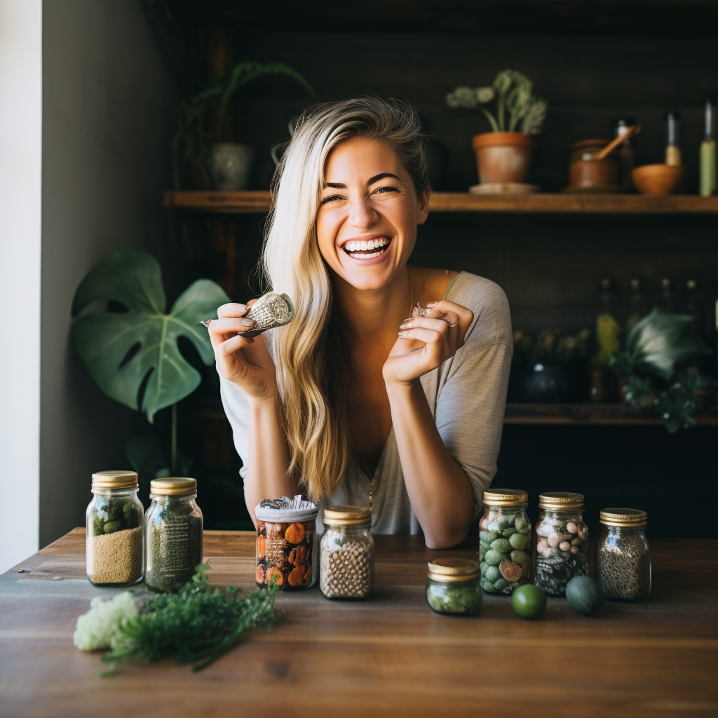 Happy woman with vegan supplements