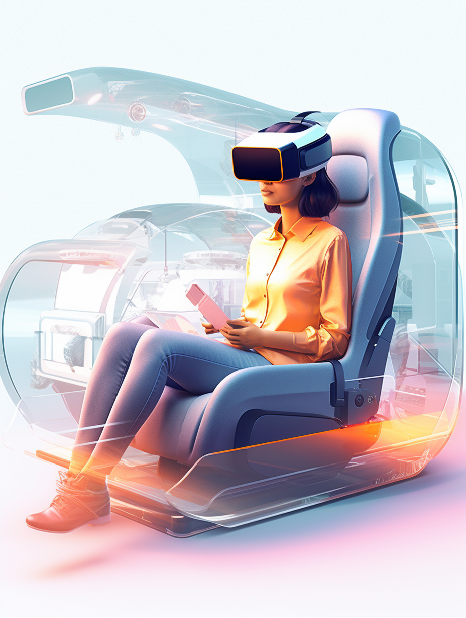 Happy woman wearing VR glasses in taxi UI