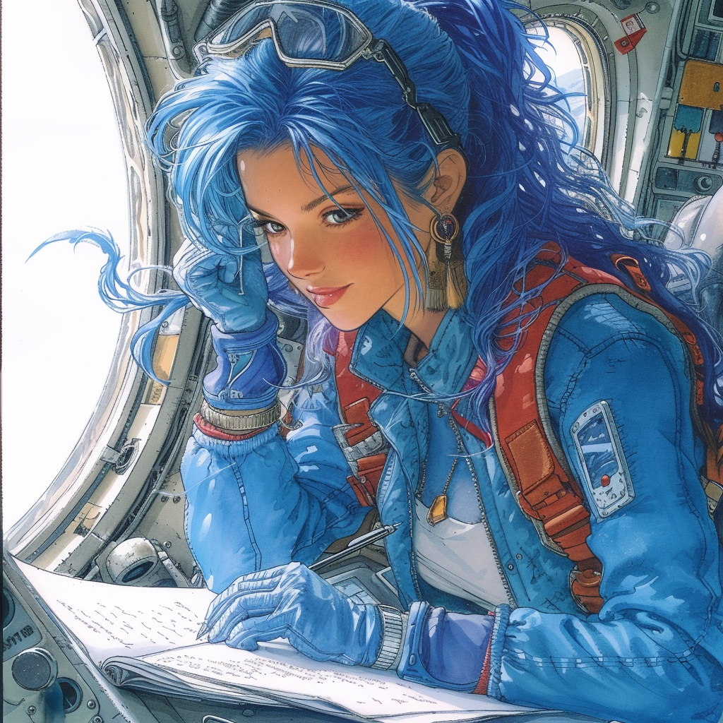 Happy woman writer with blue hair and skin in space ship