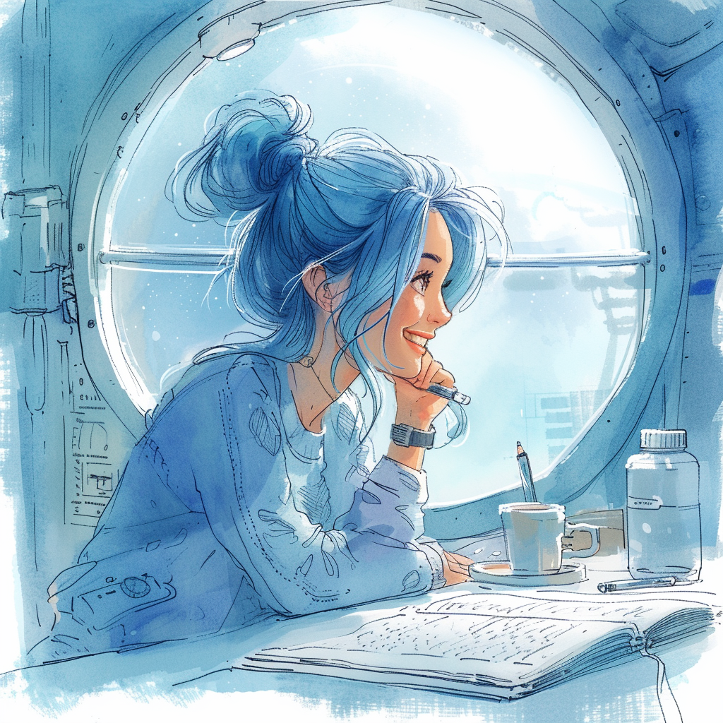 Happy woman writer with blue hair in a space ship