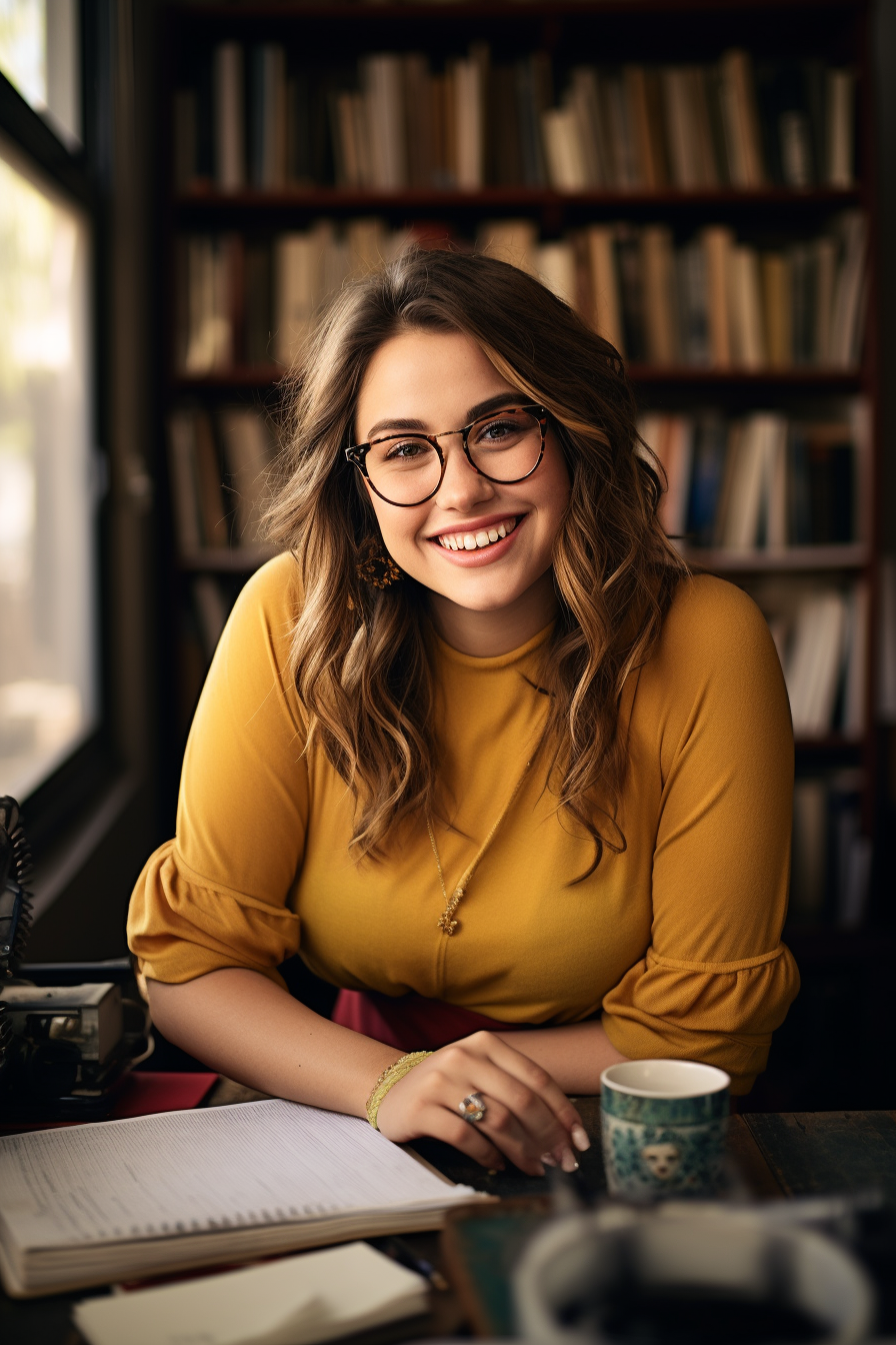 Happy book writer at desk