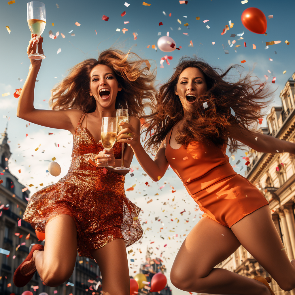 Happy women celebrating with champagne and balloons